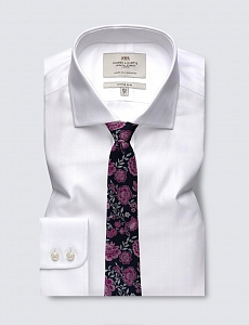 Картинка Mens Formal White Herringbone Fitted Slim Shirt Windsor Collar Single Cuff Easy Iron